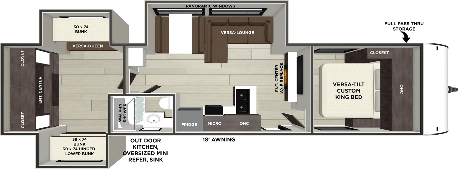 The Wildwood 31KQBTS has one entry and three slide outs. Exterior features include: metal or fiberglass exterior, 18' awning and outside kitchen. Interiors features include: bunk beds and front bedroom.
